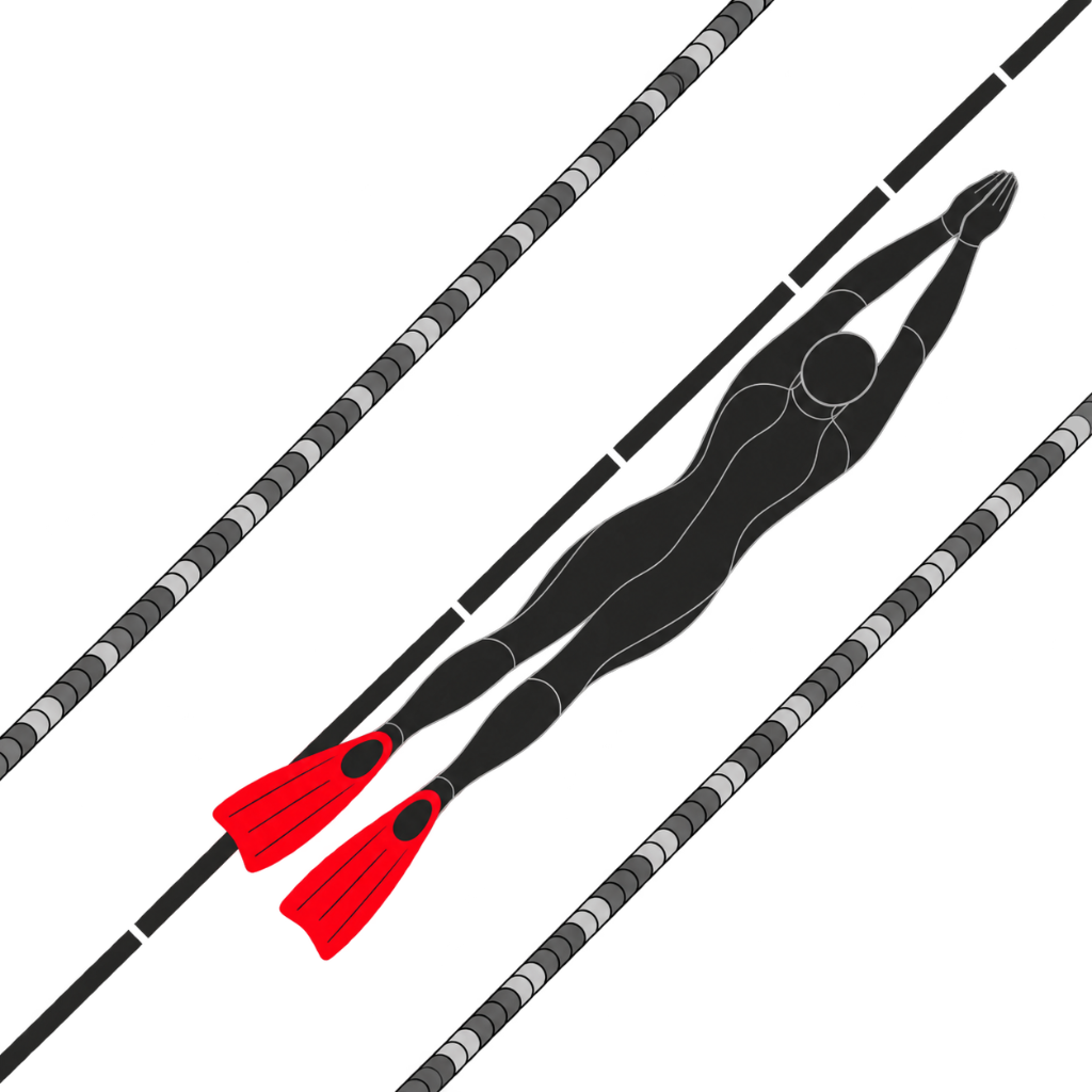 Freediver in a pool lane with red Lobster Fins